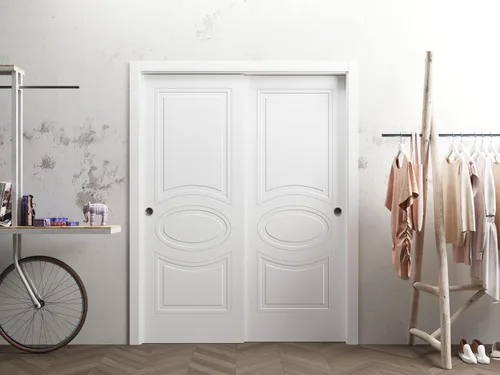 Vista 2 de Mela 7001 Puertas interiores de derivación, sin vidrio, MDF, 36x80, blanco, accesorios de estilo clásico incluidos