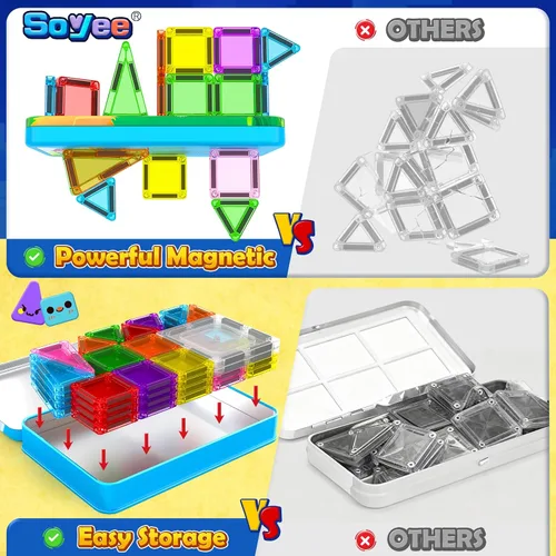 Vista 10 de Soyee Mini azulejos magnéticos de viaje, 60 piezas con estuche de lata de metal, juguetes esenciales de viaje, juguetes de viaje para niños