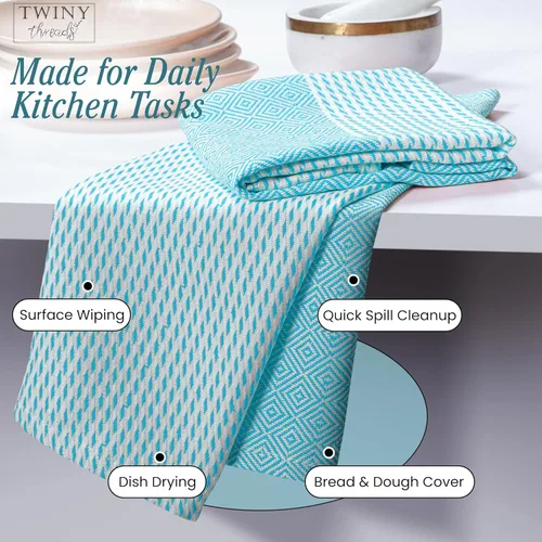 Vista 2 de TWINY threads Juego de toallas de cocina con diseño de diamante, 100% algodón, trapos grandes y trapos de lavado, absorbentes de secado rápido