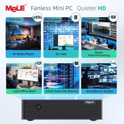 Vista 11 de MeLE QuieterHD3 N150 Mini PC sin ventilador 8 GB RAM DDR4 256 GB de grado