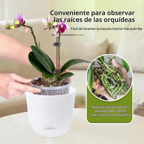 Vista 4 de Macetas de orquídeas blancas de 5.7 pulgadas con agujeros para trasplantar, macetas de plástico de doble capa de riego automático para plantas