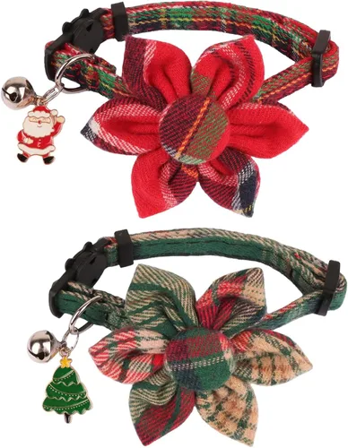 Vista 8 de PTDECOR Paquete de 2 Collares Navideños para Gatos, Collar de Gato Navideño con Corbatín y Campanilla Desmontables, Collares Navideños de Liberación