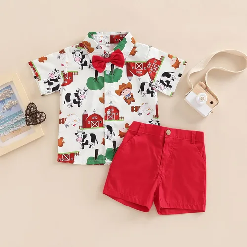Vista 7 de Todder - Ropa de verano para niños y bebés, con estampado de dibujos animados, manga corta, cuello vuelto, camisas de vestir y pantalones cortos