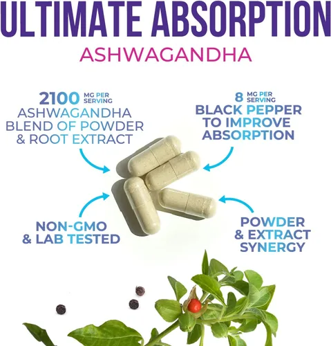 Vista 3 de Ashwagandha Supplements - La mejor cápsula de raíz y polvo de Ashwagandha con pimienta negra para una máxima absorción, calma y descanso