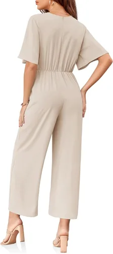 Vista 6 de GAMISOTE Enterizo de pierna ancha para mujer, manga corta, nudo frontal, overol largo de verano