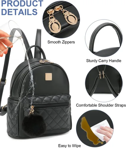 Vista 6 de Mini mochila de moda para niñas, bolso pequeño lindo de cuero a cuadros para mujer, mochilas pequeñas, Negro -, Mini mochila de moda para niñas