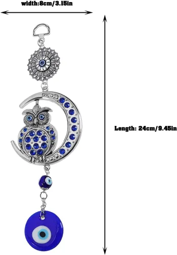Vista 4 de Decoración azul contra el mal de ojo, adorno colgante de búho, colgante de luna, amuleto para colgar en la pared, accesorios