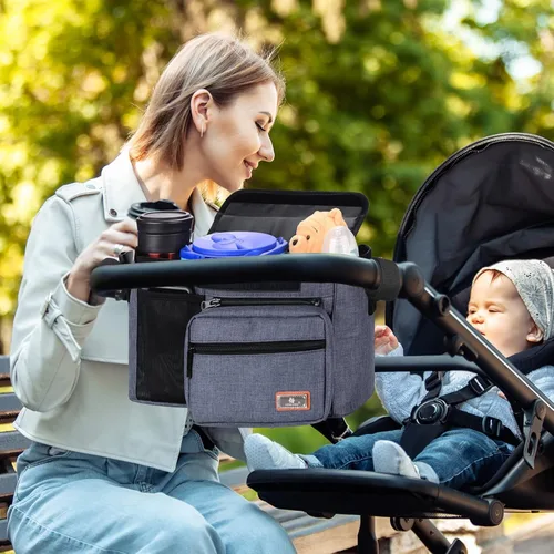 Vista 7 de Homlynn Organizador universal para cochecito, bolsa de almacenamiento grande con portavasos y correas de hombro y bolsillo desmontable, carrito