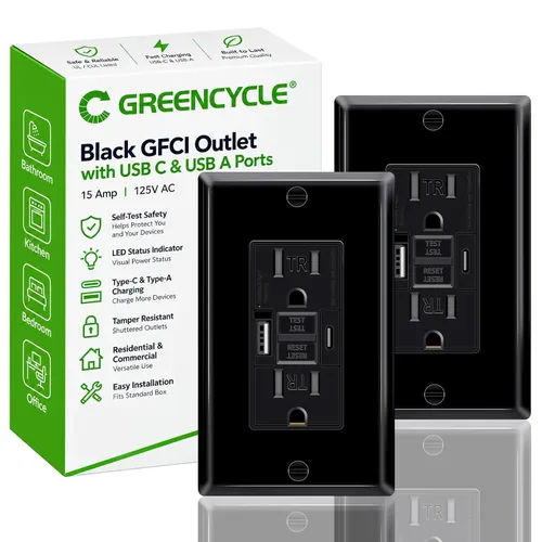 Vista 78 de Greencycle Toma GFCI de 15 amperios con puertos USB C y USB A, 1 unidad de toma eléctrica GFCI de prueba automática con USB, con indicador LED