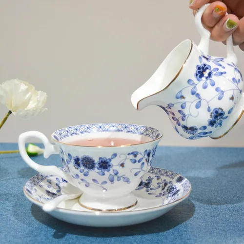 Vista 8 de Juego de té de porcelana de hueso, juego de té de porcelana de 21 piezas para adultos, tazas de té y platillos para 6, con tetera, cucharas, Azul