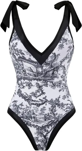 Vista 2 de Women Swimsuits Abstract Printing Notched SquareV Neck Floral Vacation One Piece with Cover Up
