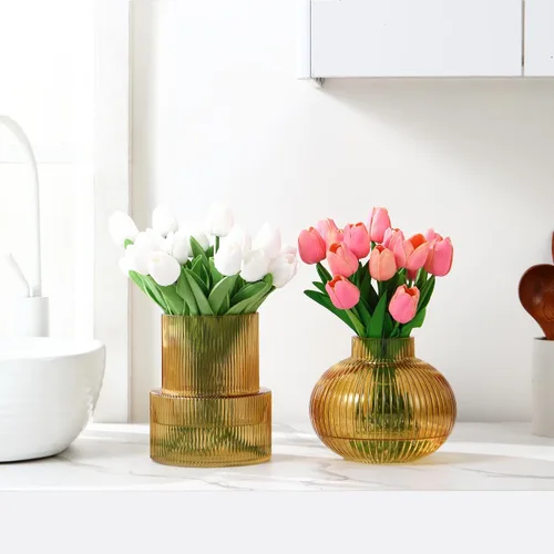 Vista 3 de Jarrones de vidrio acanalado, juego de 2 jarrones estriados para flores, florero de vidrio ámbar para tulipanes, jarrón moderno para sala de estar
