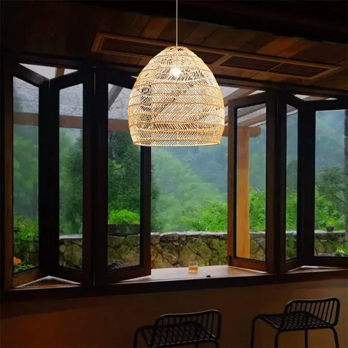 Vista 4 de Iluminación colgante de ratán y metal, lámpara colgante pastoral de techo hueco, luz tejida a mano de mimbre con pantalla de jaula de pájaros