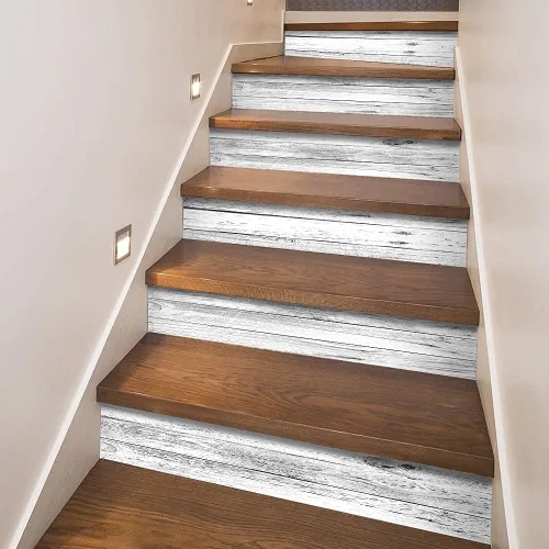 Vista 18 de funlife 3 tiras de calcomanías de vinilo autoadhesivas para escaleras, murales para escaleras, 39.37 x 7.09 pulgadas, gris ceniza Madera gris ceniza