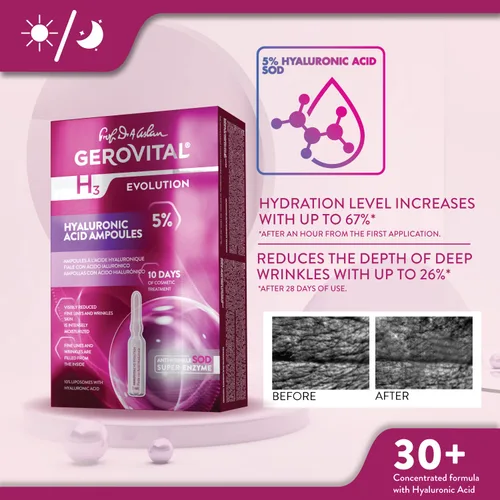 Vista 4 de GEROVITAL EVOLUCIÓN H3: ampollas con ácido hialurónico y superóxido dismutasa (la superenzima antienvejecimiento), 30+ (10 x 0.1 fl oz)