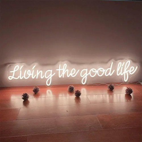 Vista 5 de Letrero de neón con texto en inglés "Living The Good Life" para decoración de pared del hogar, letreros de luz LED de neón, grandes para interiores