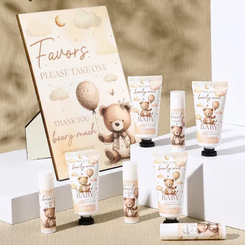 Vista 3 de Juego de 30 regalos de revelación de género para invitados, 30 piezas de crema de manos para baby shower de oso y 30 bálsamo labial con 1 soporte