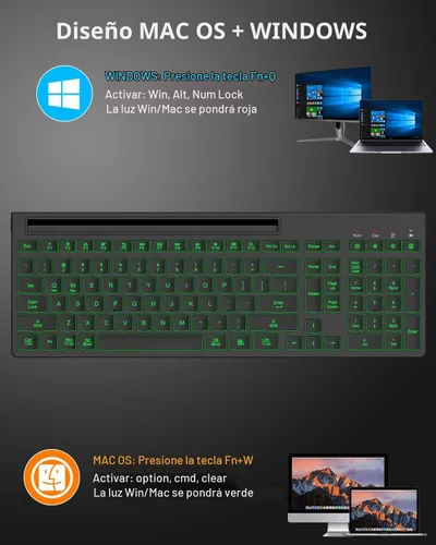 Vista 7 de Combo de teclado y mouse inalámbricos, 7 efectos retroiluminados, letras iluminadas, recargable, soporte para teléfono, mouse de 6 botones, ángulo