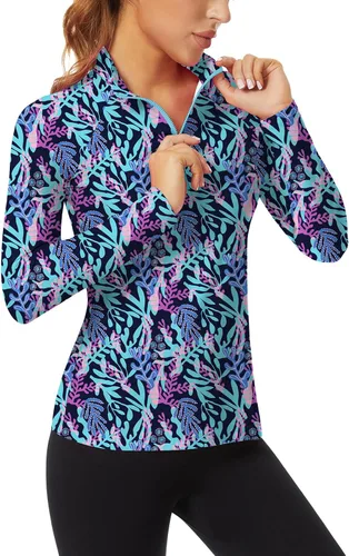 Vista 19 de WOWENY - Camiseta de manga larga con cremallera de 1/4 para mujer, con cuello, para hacer deporte, con estampado, para tenis Hoja multicolor.