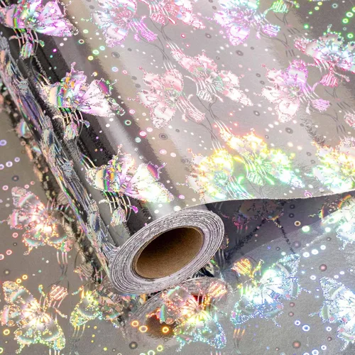 Vista 17 de Merture - Rollo de papel de regalo holográfico azul, papel de regalo azul con diseño de galaxia brillante para cumpleaños, baby shower, Navidad, día