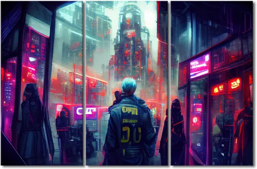 Vista 40 de Lienzo decorativo para pared de sala de estar, lienzo Cyberpunk, decoración de pared de 3 paneles, decoración de pared para el hogar, dormitorio