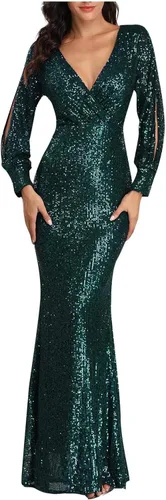 Vista 2 de New Years Dress Long Sleeve Sexy V-Neck Sequined Slim Fit Mermaid Evening Dress New Years Eve Dress