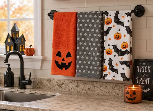 Vista 3 de Haunted - Juego de toallas de mano de cocina de Halloween: Jack O' Lantern Orange Terry Loop, lazo de rizo de punto blanco elevado, diseños