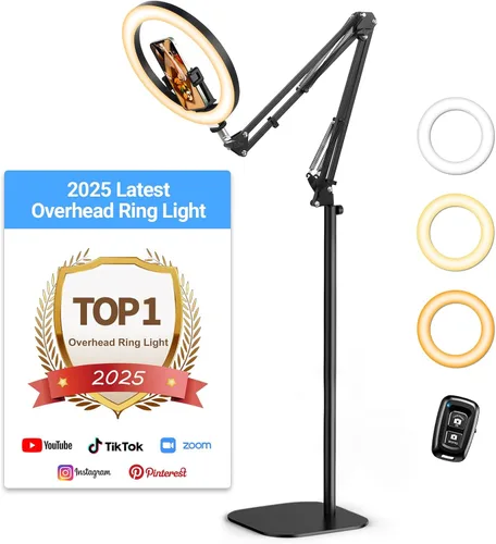 Vista 12 de Soporte de Montaje de Teléfono con Cámara Aérea y Anillo de Luz Mejorado para Escritorio, Evershop Luz para Selfie de 10" con Trípode para iPhone