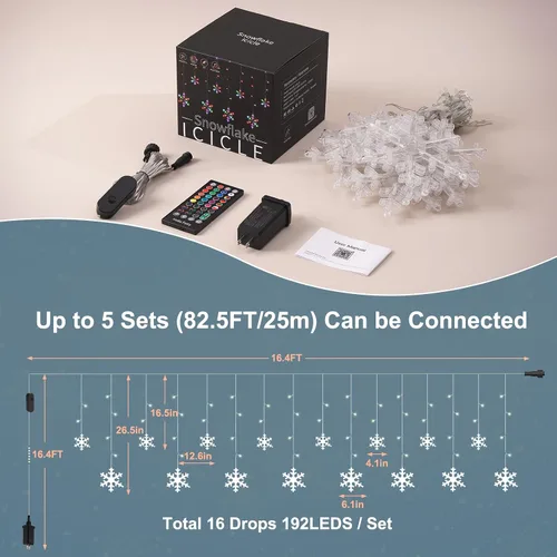 Vista 6 de Luces inteligentes de carámbano de copo de nieve de Navidad, 16.4 pies, 192 LED, 16 gotas, control remoto con aplicación enchufable en 16 millones