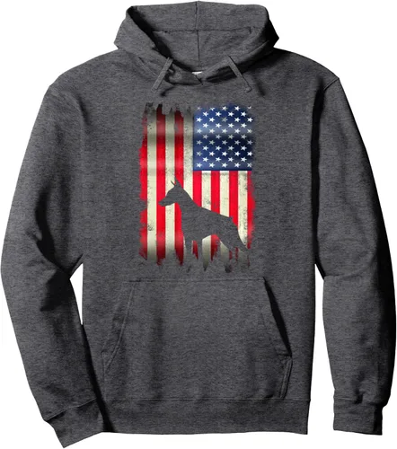 Vista 5 de Sudadera con capucha y divertida bandera de Estados Unidos de Doberman, Negro
