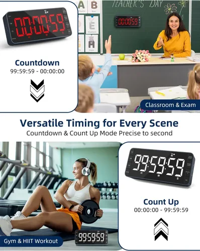 Vista 3 de Temporizador digital de cocina de 7.8 pulgadas con pantalla LED grande, temporizador de cuenta regresiva recargable magnético, 5 alarmas y 4 niveles