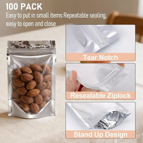 Vista 3 de Ellbest 100 bolsas de plástico resellables de aluminio Mylar de aluminio, bolsas de almacenamiento plateadas, bolsas de almacenamiento herméticas