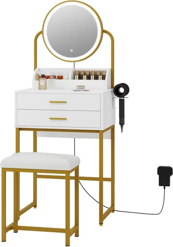Vista 9 de ARTETHYS Escritorio pequeño con espejo y luces, tocador de maquillaje compacto blanco con silla, moderno tocador que ahorra espacio con cajón