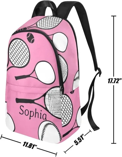 Vista 6 de Mochila personalizada con patrón de raqueta de tenis rosa y blanca con nombre Bolsa de viaje personalizada para mujeres y hombres, Personalizado 5