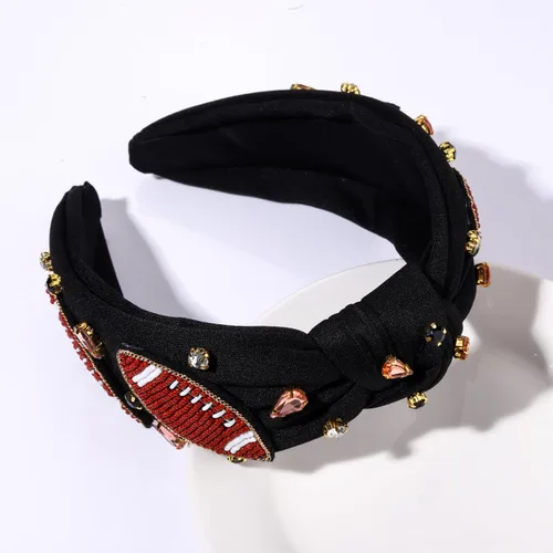 Vista 4 de Diademas anudadas de fútbol para mujer, diadema deportiva para el día del juego, diadema de cristal perlado con nudo superior ancho, accesorios