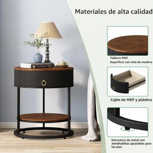 Vista 4 de OIOG - Mesa auxiliar redonda con cajón, mesa auxiliar moderna de madera con estante, mesa de noche de 2 niveles con cajón para sala de estar Negro