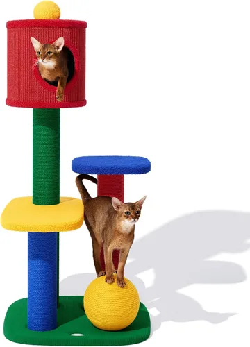 Vista 10 de VETRESKA Torre para gatos de varios niveles de 38.6 pulgadas, árbol para gatos con plataforma, postes rascadores de sisal y bola para rascar, centro