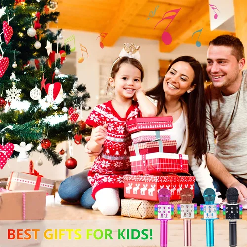 Vista 2 de Micrófono de karaoke para niños, inalámbrico Bluetooth portátil de mano, micrófono de karaoke para cantar, con luces LED, regalo para niñas, niños