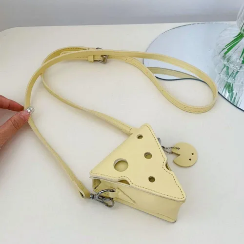 Vista 3 de Bolsas creativas con forma de queso, lindo triángulo con forma de queso, lápiz labial, bolso de hombro, bolso de PU, bolso pequeño para mujer