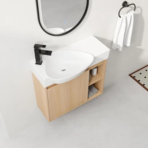 Vista 9 de 24" Modern Wall Mount Bathroom Vanity with Ceramic Sink & Soft Closing Door, Space-Saving Floating Cabinet, Durable Waterproof Plywood, Easy-Clean