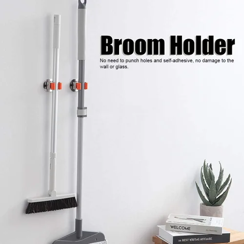 Vista 5 de Soporte para escoba de fregona, organizador de almacenamiento montado en la pared de acero inoxidable, colgador de herramientas resistente, estante