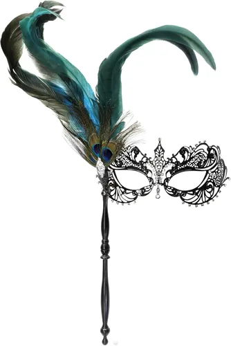 Vista 13 de Thmyo Máscara veneciana de fiesta de Mardi Gras de Halloween con palo de sujeción, máscara de mano con plumas de metal y diamantes de imitación