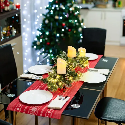 Vista 7 de 4 piezas de centro de mesa navideño con 3 portavelas navideños, luces LED de cadena tipo hadas, a pilas, bayas rojas artificiales, piñas para cocina