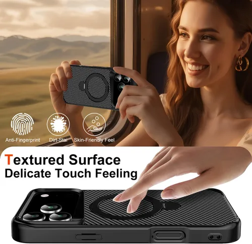 Vista 7 de Funda para iPhone 17 Pro Max con soporte magnético de 360° [compatible con MagSafe], funda protectora de fibra de carbono + 2 protectores de Negro