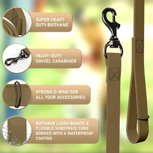 Vista 2 de Biothane - Correa para perro, extra resistente, impermeable, correa de 6 pies con clip de latón (marrón)