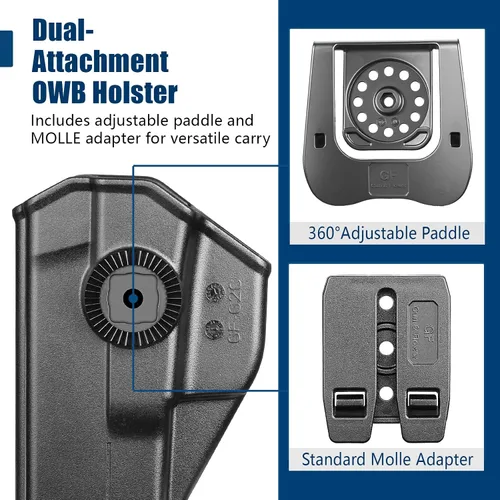 Vista 7 de GUN & FLOWER Paddle OWB Holster for Glock 17/19, Taurus G2C/G3C, 1911 5" No Rail, with Molle Adapter, Index Finger Release, 360° Adjustable Paddle