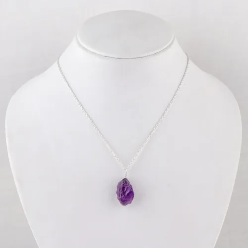 Vista 4 de Collar de amatista cruda, collar chapado en plata, cristal de piedras preciosas ásperas, piedra curativa, piedra natal de febrero, capas, novia