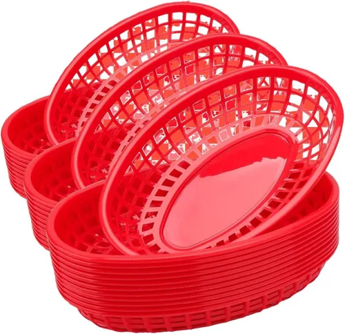 Vista 10 de EUSOAR Cestas de plástico para alimentos con forros de papel, 12 cestas rojas extragrandes de 11.8 x 8.9 pulgadas para servir alimentos y 10 x 11
