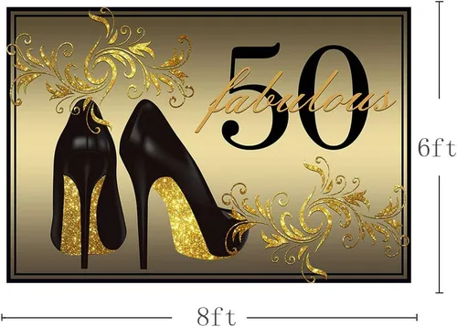 Vista 3 de Fondo dorado para fotos de 50 tacones altos Champagne Woman 50th Happy Birthday Party Banner para fotografía de 8 x 6 pies