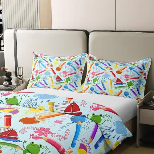 Vista 4 de jejeloiu Juego de ropa de cama de lápiz de dibujos animados para niños, tamaño individual, colorido cuarto de bebé, 100% algodón, funda de edredón